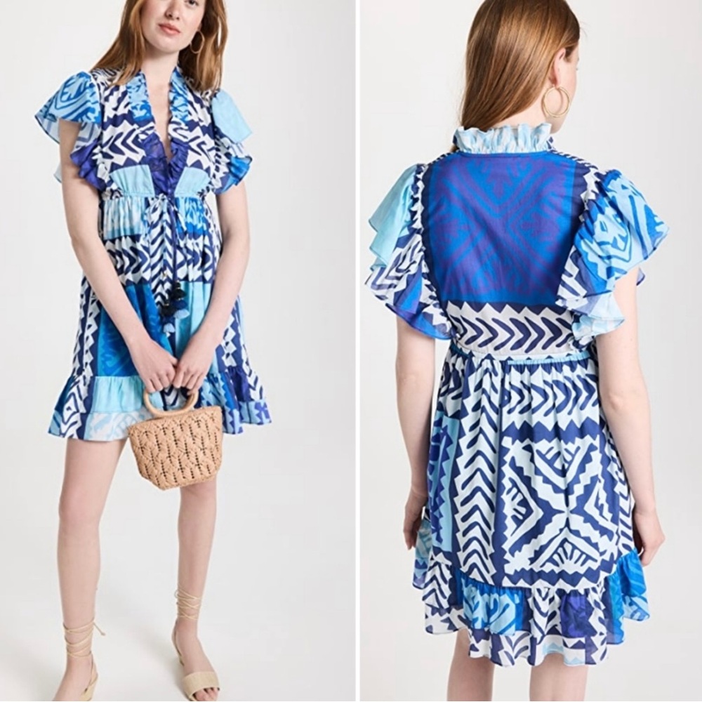 Figue Denissa NWT RARE Ruffle Tassel Drawstring Abstract Print Mini Dress Summer - Picture 2 of 15